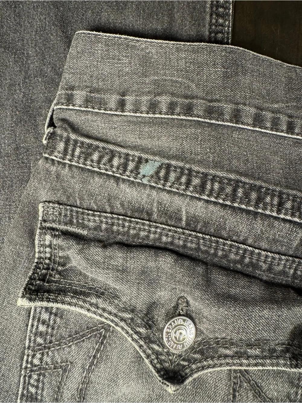 True Religion Ricky Straight Flap Jeans Size 36 Gray Black Wash 100% Cotton
